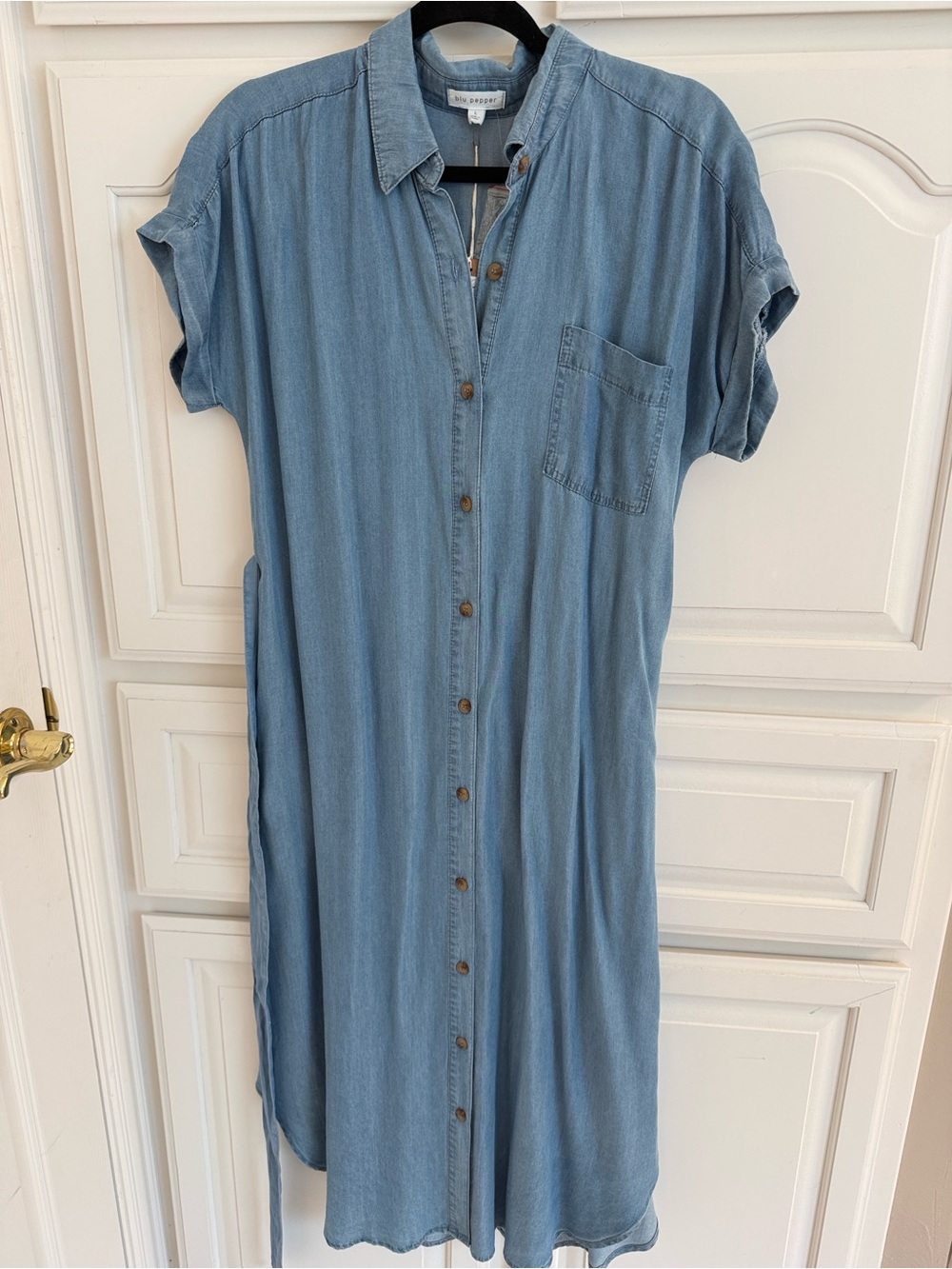 Blu Pepper Light Blue Button-Front Midi Shirt Dress with Waist Tie